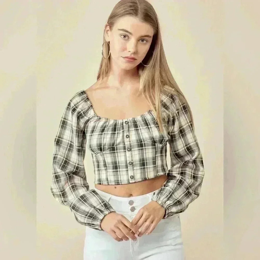 Papaya Plaid Long Sleeve Crop Top Size M
